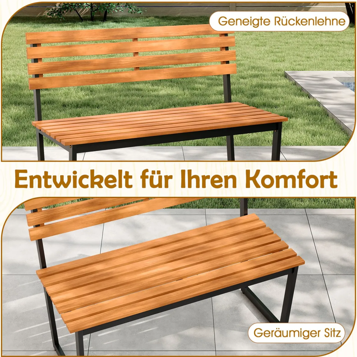2-Sitzer Gartenbank aus Akazienholz mit Metallrahmen Wetterfest Holzbank Sitzbank
