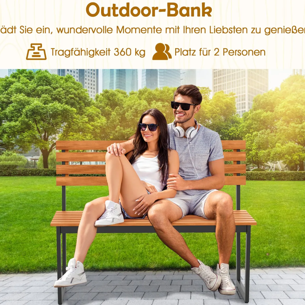 2-Sitzer Gartenbank aus Akazienholz mit Metallrahmen Wetterfest Holzbank Sitzbank