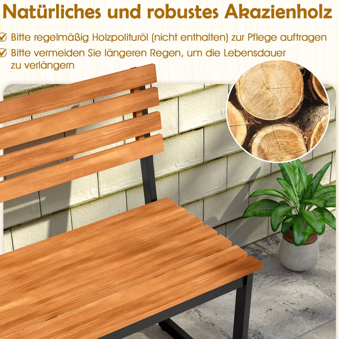 2-Sitzer Gartenbank aus Akazienholz mit Metallrahmen Wetterfest Holzbank Sitzbank