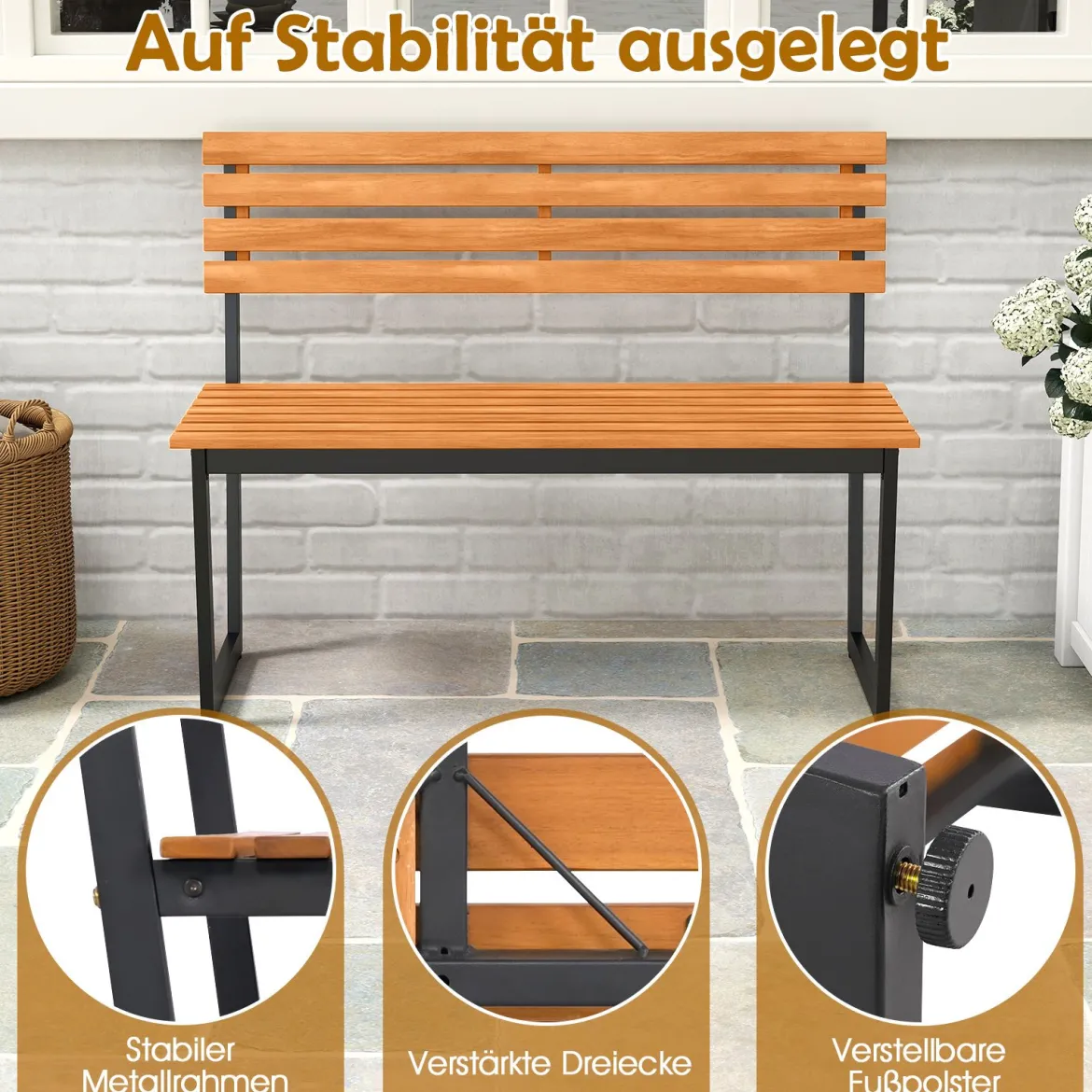 2-Sitzer Gartenbank aus Akazienholz mit Metallrahmen Wetterfest Holzbank Sitzbank