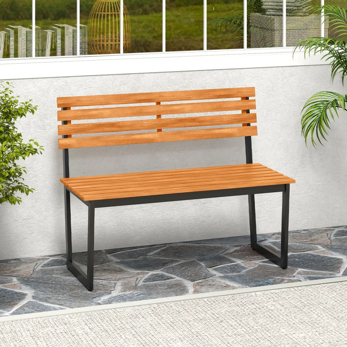 2-Sitzer Gartenbank aus Akazienholz mit Metallrahmen Wetterfest Holzbank Sitzbank