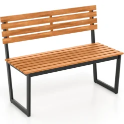 2-Sitzer Gartenbank aus Akazienholz mit Metallrahmen Wetterfest Holzbank Sitzbank