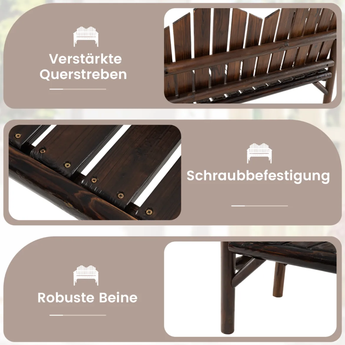 2-Sitzer Gartenbank Massivholz-Loveseat mit geneigter Rückenlehne geräumiger Latten-Sitz Braun