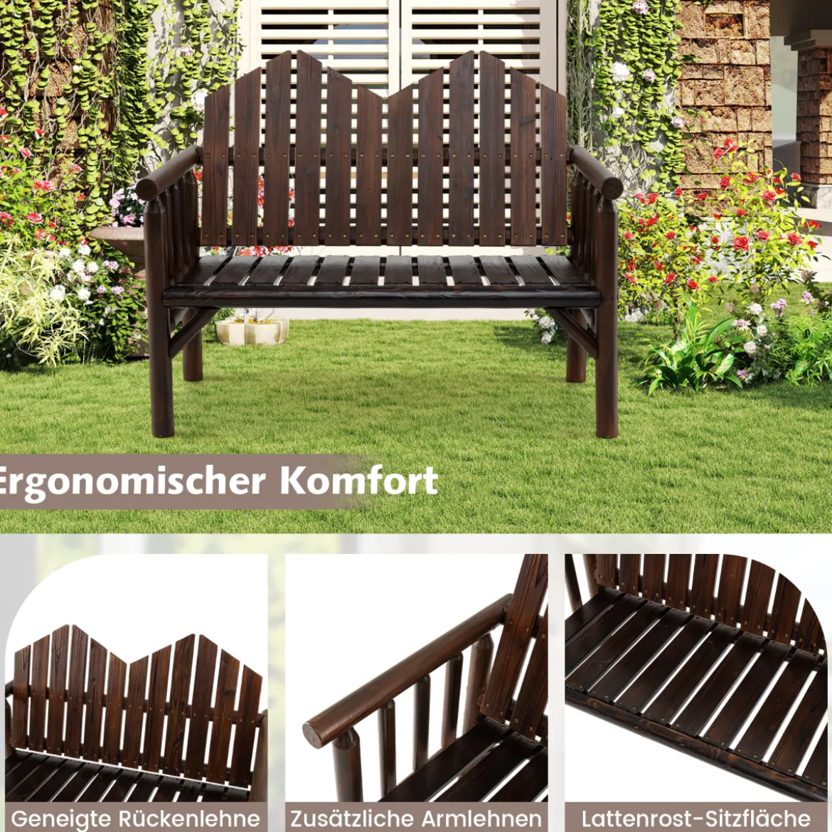 2-Sitzer Gartenbank Massivholz-Loveseat mit geneigter Rückenlehne geräumiger Latten-Sitz Braun