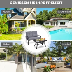2-Sitzer Gartenbank mit Couchtisch Sitzbank mit Kissen Grau & Schwarz