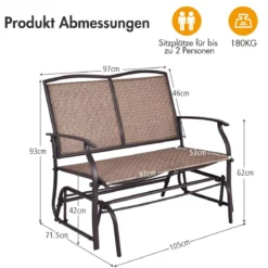 2-Sitzer Gartenbank mit Schaukelmechanismus & robustem Metallrahmen & atmungsaktivem Sitzstoff Braun