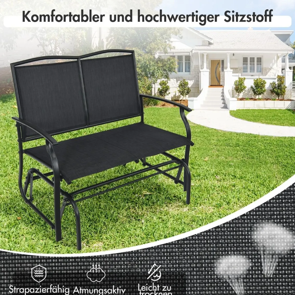 2-Sitzer Gartenbank mit Schaukelmechanismus Schaukelbank bis 180kg Belastbar Schwarz