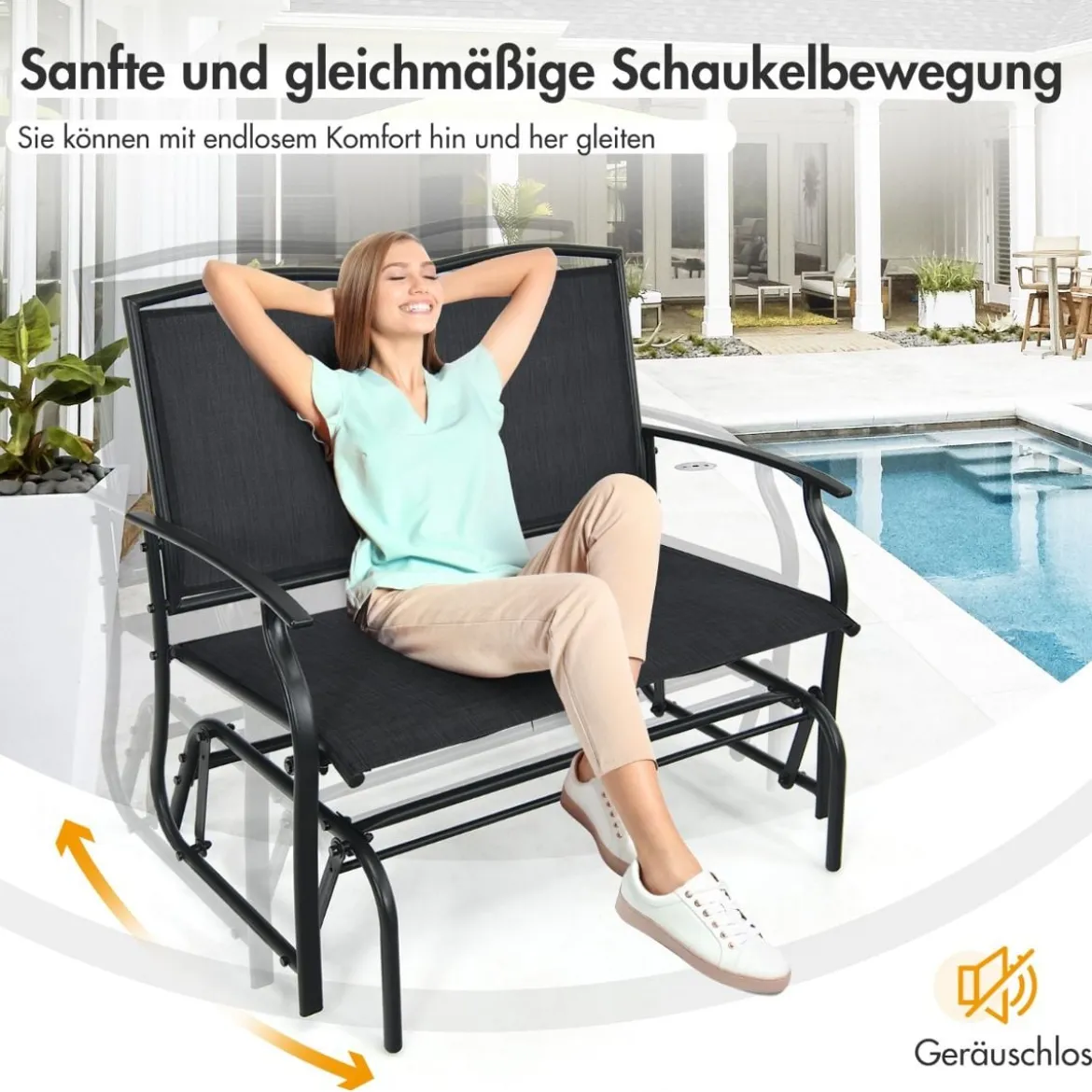 2-Sitzer Gartenbank mit Schaukelmechanismus Schaukelbank bis 180kg Belastbar Schwarz
