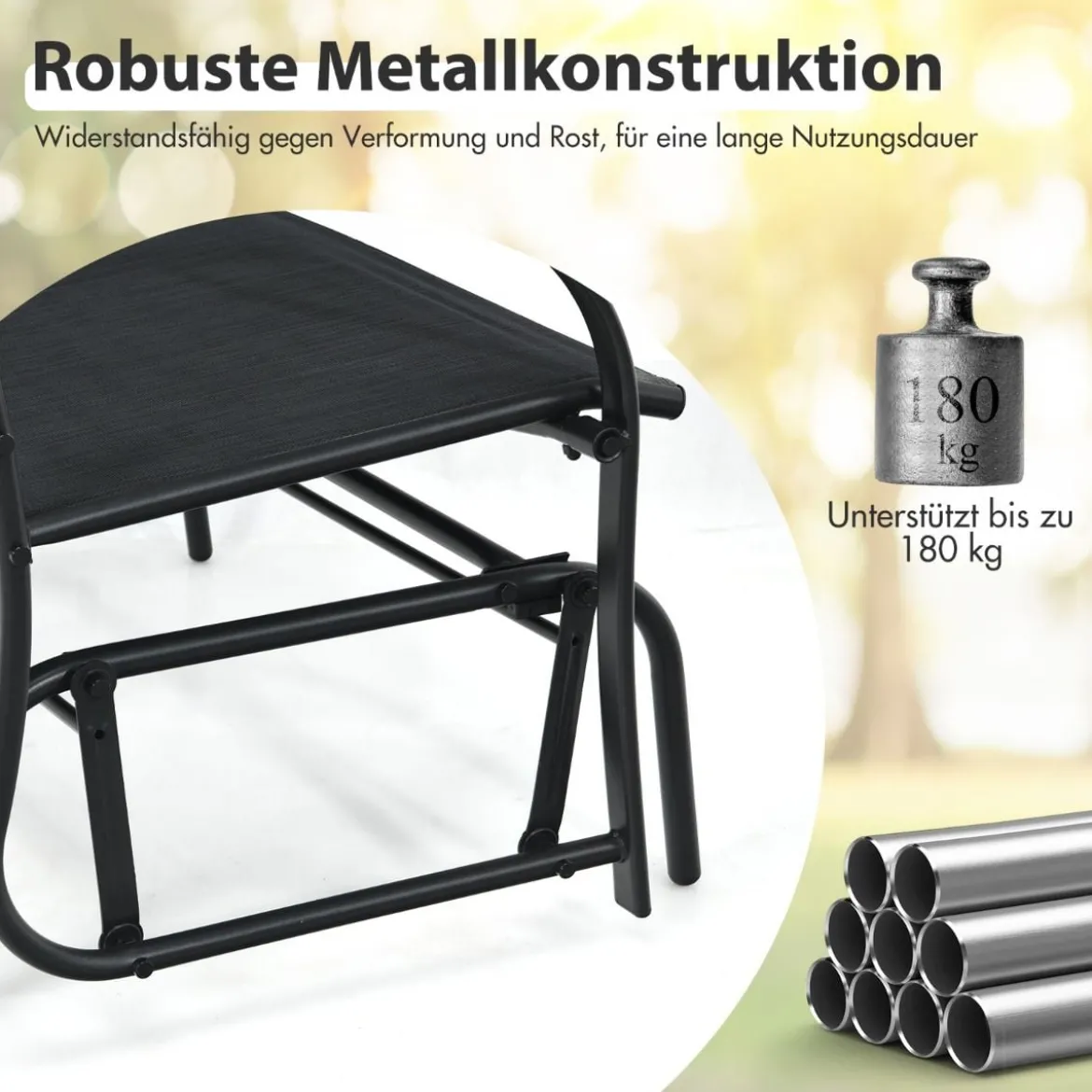 2-Sitzer Gartenbank mit Schaukelmechanismus Schaukelbank bis 180kg Belastbar Schwarz