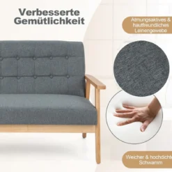2 Sitzer Gepolstertes Sofa mit Gummiholzrahmen & Klassischem Knopfdesign 114 x 72 x 77 cm