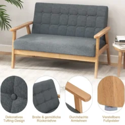 2 Sitzer Gepolstertes Sofa mit Gummiholzrahmen & Klassischem Knopfdesign 114 x 72 x 77 cm