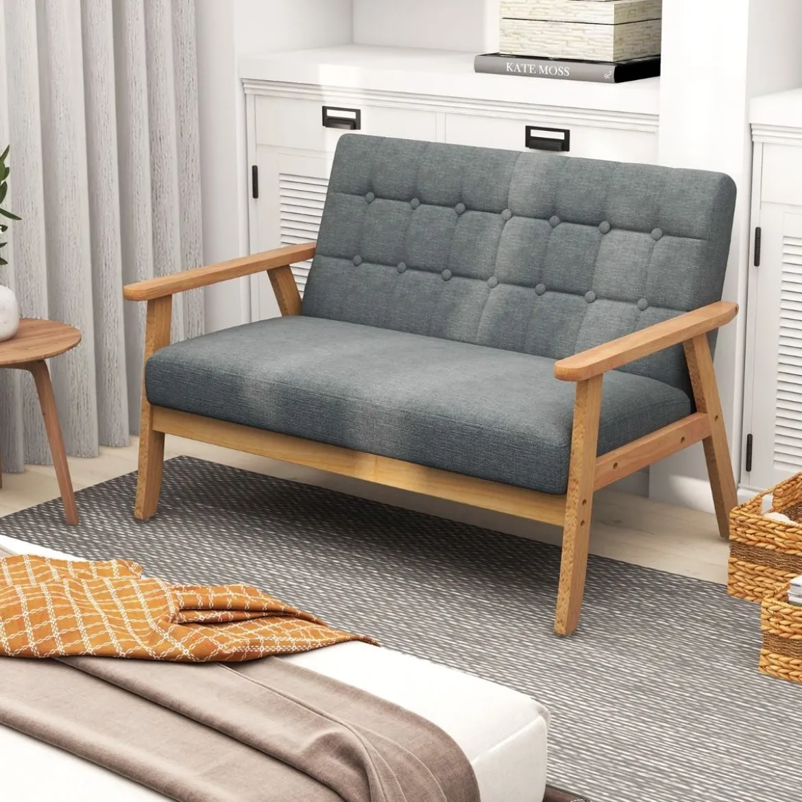 2 Sitzer Gepolstertes Sofa mit Gummiholzrahmen & Klassischem Knopfdesign 114 x 72 x 77 cm