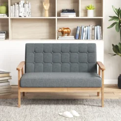 2 Sitzer Gepolstertes Sofa mit Gummiholzrahmen & Klassischem Knopfdesign 114 x 72 x 77 cm