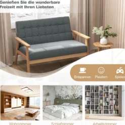 2 Sitzer Gepolstertes Sofa mit Gummiholzrahmen & Klassischem Knopfdesign 114 x 72 x 77 cm