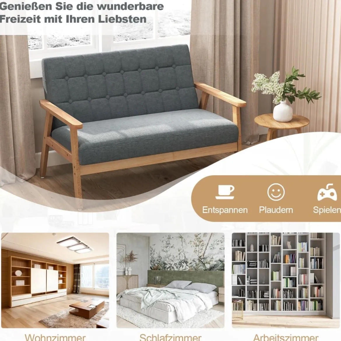 2 Sitzer Gepolstertes Sofa mit Gummiholzrahmen & Klassischem Knopfdesign 114 x 72 x 77 cm