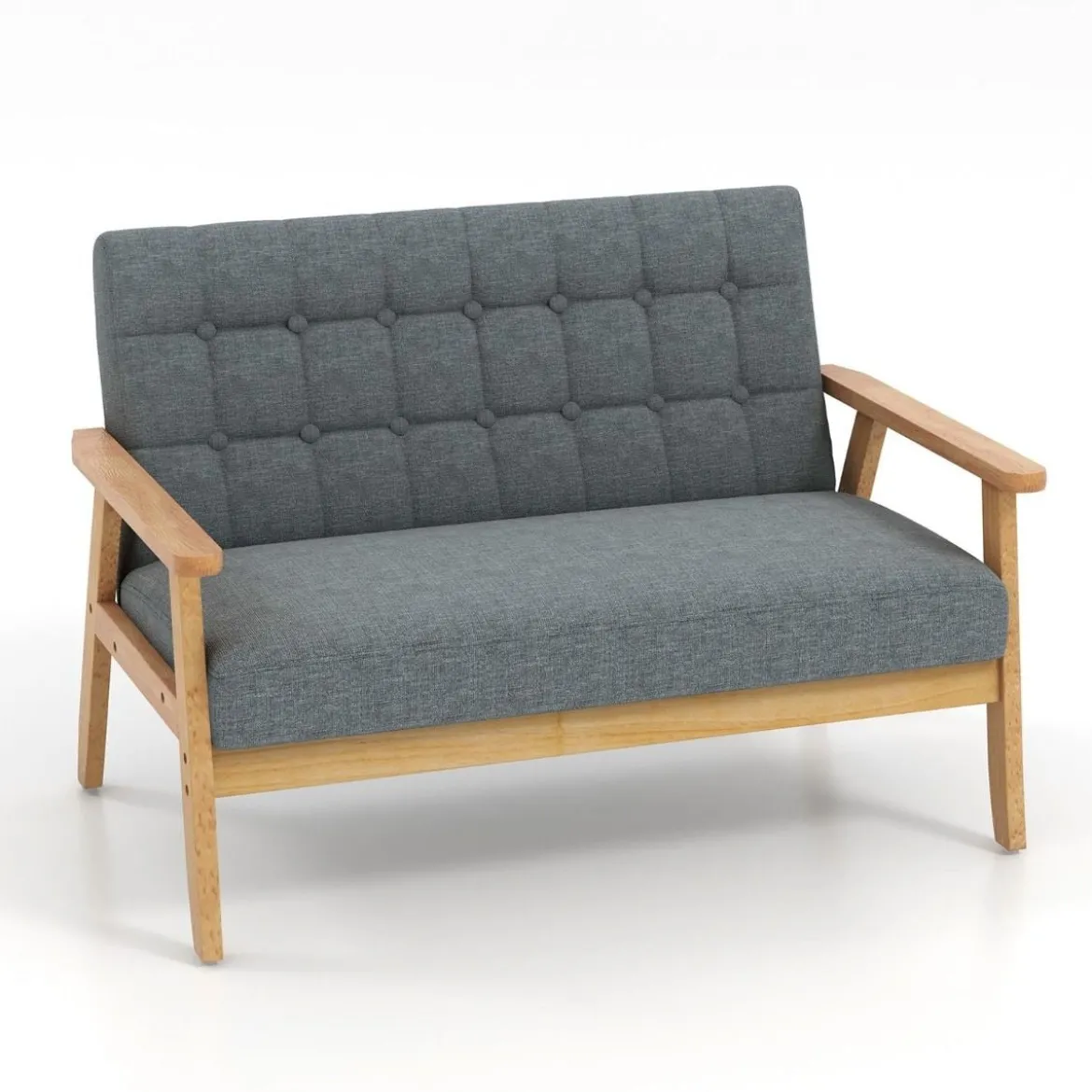 2 Sitzer Gepolstertes Sofa mit Gummiholzrahmen & Klassischem Knopfdesign 114 x 72 x 77 cm