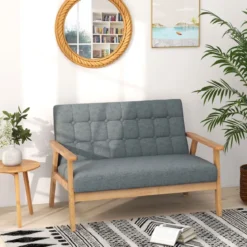 2 Sitzer Gepolstertes Sofa mit Gummiholzrahmen & Klassischem Knopfdesign 114 x 72 x 77 cm