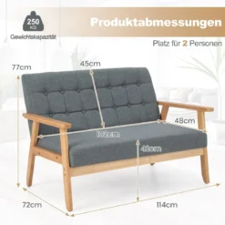 2 Sitzer Gepolstertes Sofa mit Gummiholzrahmen & Klassischem Knopfdesign 114 x 72 x 77 cm