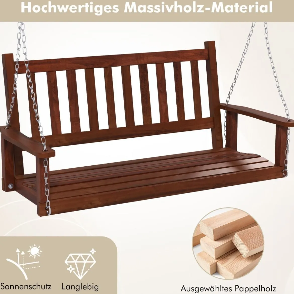 2-Sitzer Hängebank aus Massivholz Hollywoodschaukel bis 230 kg Belastbar Braun