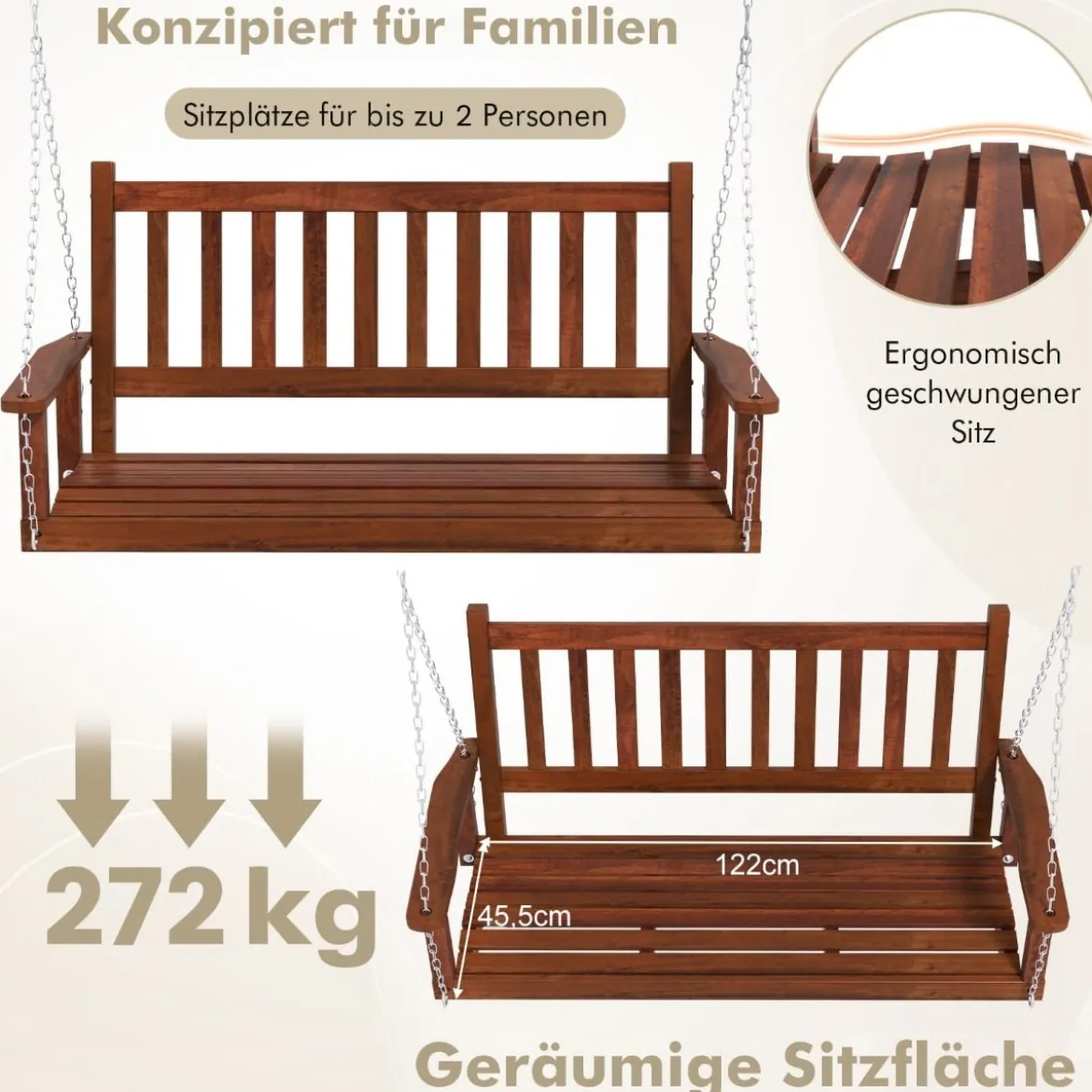 2-Sitzer Hängebank aus Massivholz Hollywoodschaukel bis 230 kg Belastbar Braun