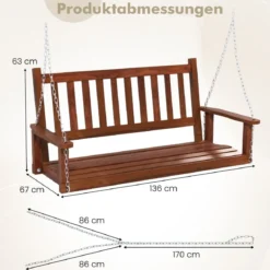 2-Sitzer Hängebank aus Massivholz Hollywoodschaukel bis 230 kg Belastbar Braun