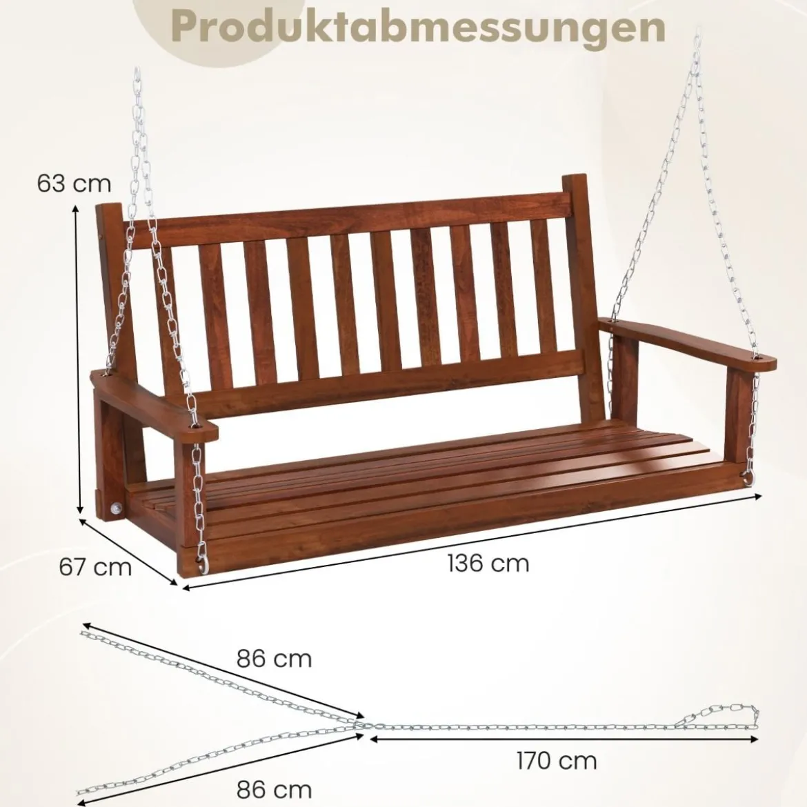 2-Sitzer Hängebank aus Massivholz Hollywoodschaukel bis 230 kg Belastbar Braun