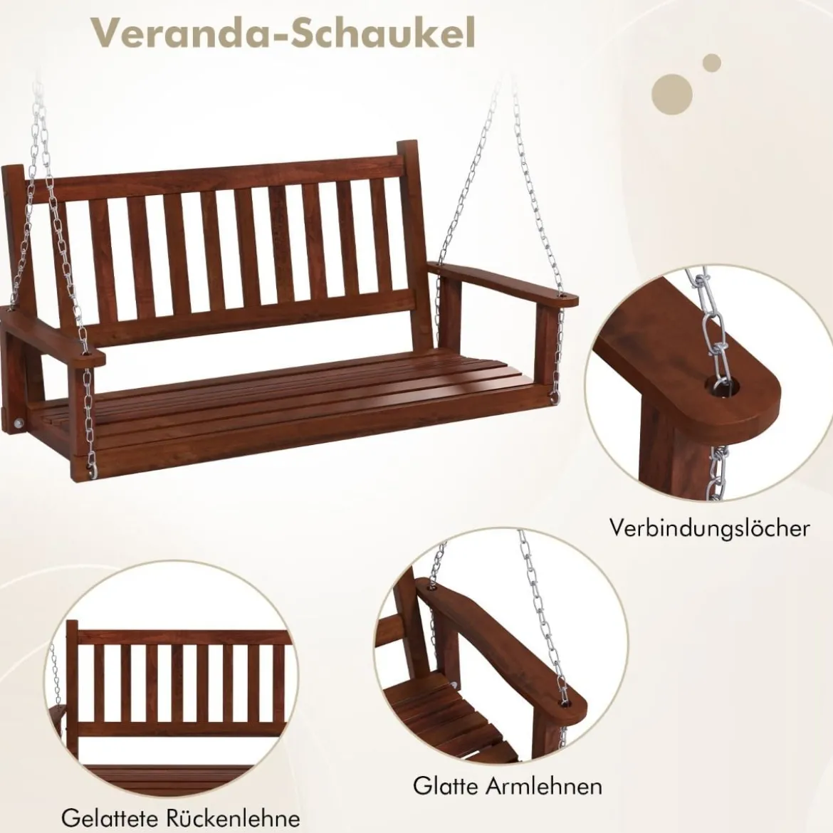 2-Sitzer Hängebank aus Massivholz Hollywoodschaukel bis 230 kg Belastbar Braun
