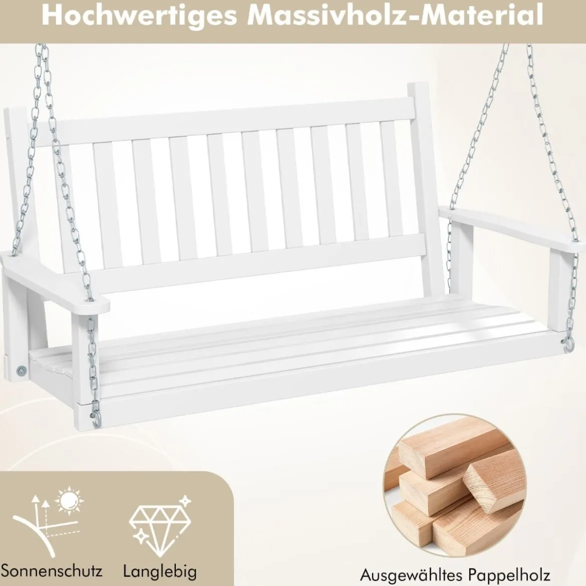 2-Sitzer Hängebank aus Massivholz Hollywoodschaukel bis 230 kg Belastbar Weiß