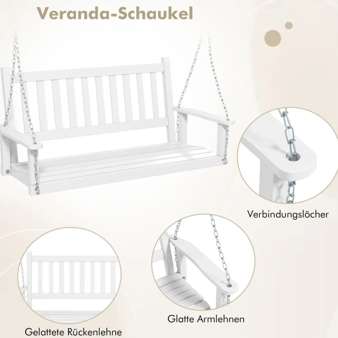 2-Sitzer Hängebank aus Massivholz Hollywoodschaukel bis 230 kg Belastbar Weiß