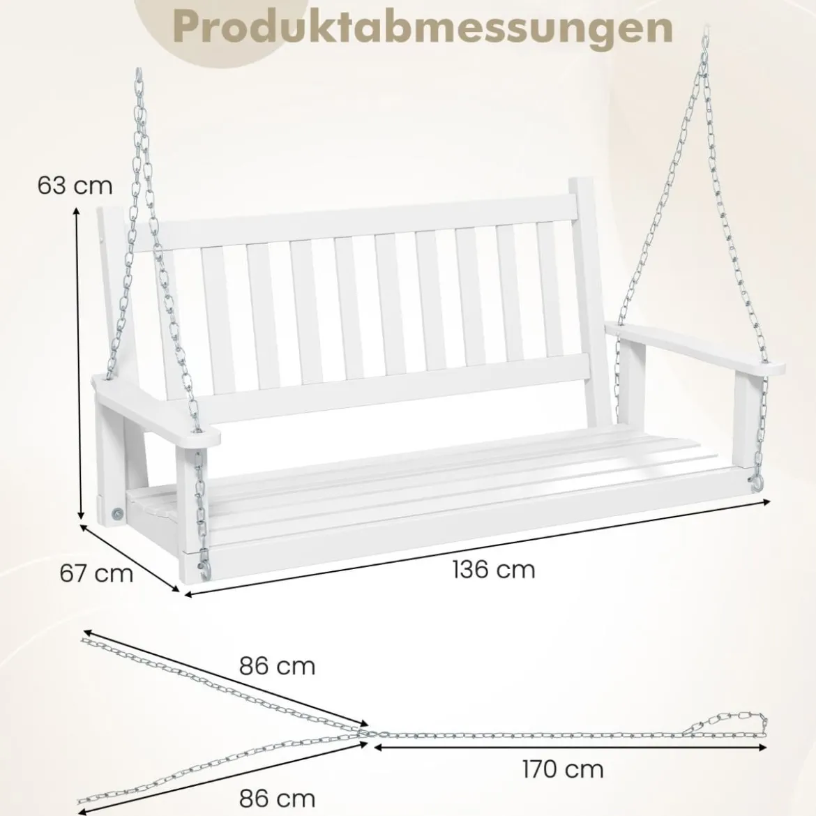 2-Sitzer Hängebank aus Massivholz Hollywoodschaukel bis 230 kg Belastbar Weiß