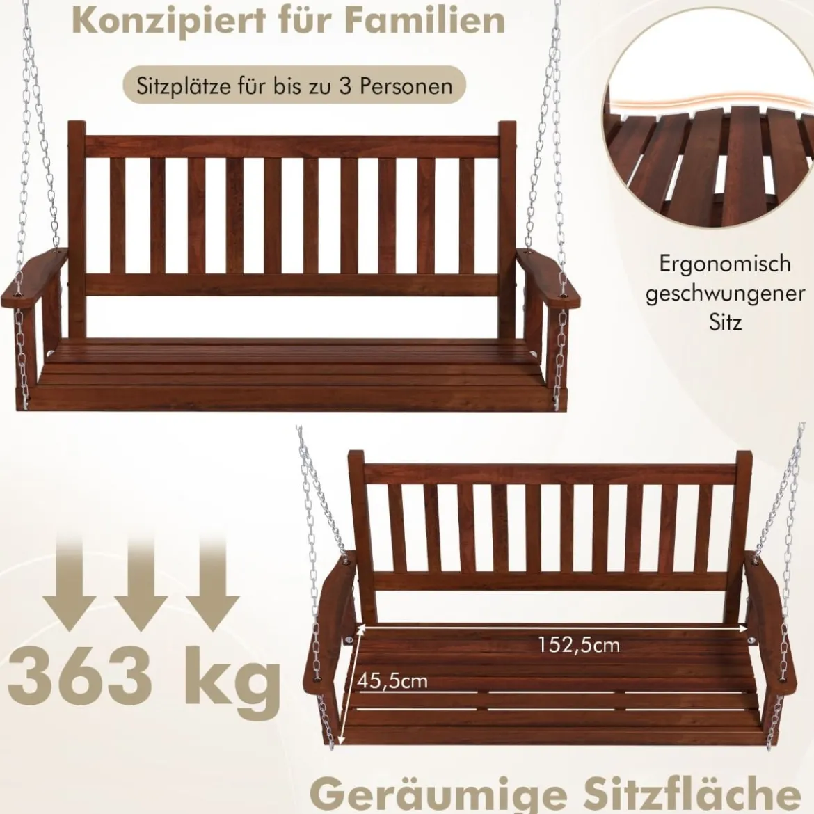 3-Sitzer Hängebank aus Massivholz Hollywoodschaukel bis 360 kg Belastbar Braun