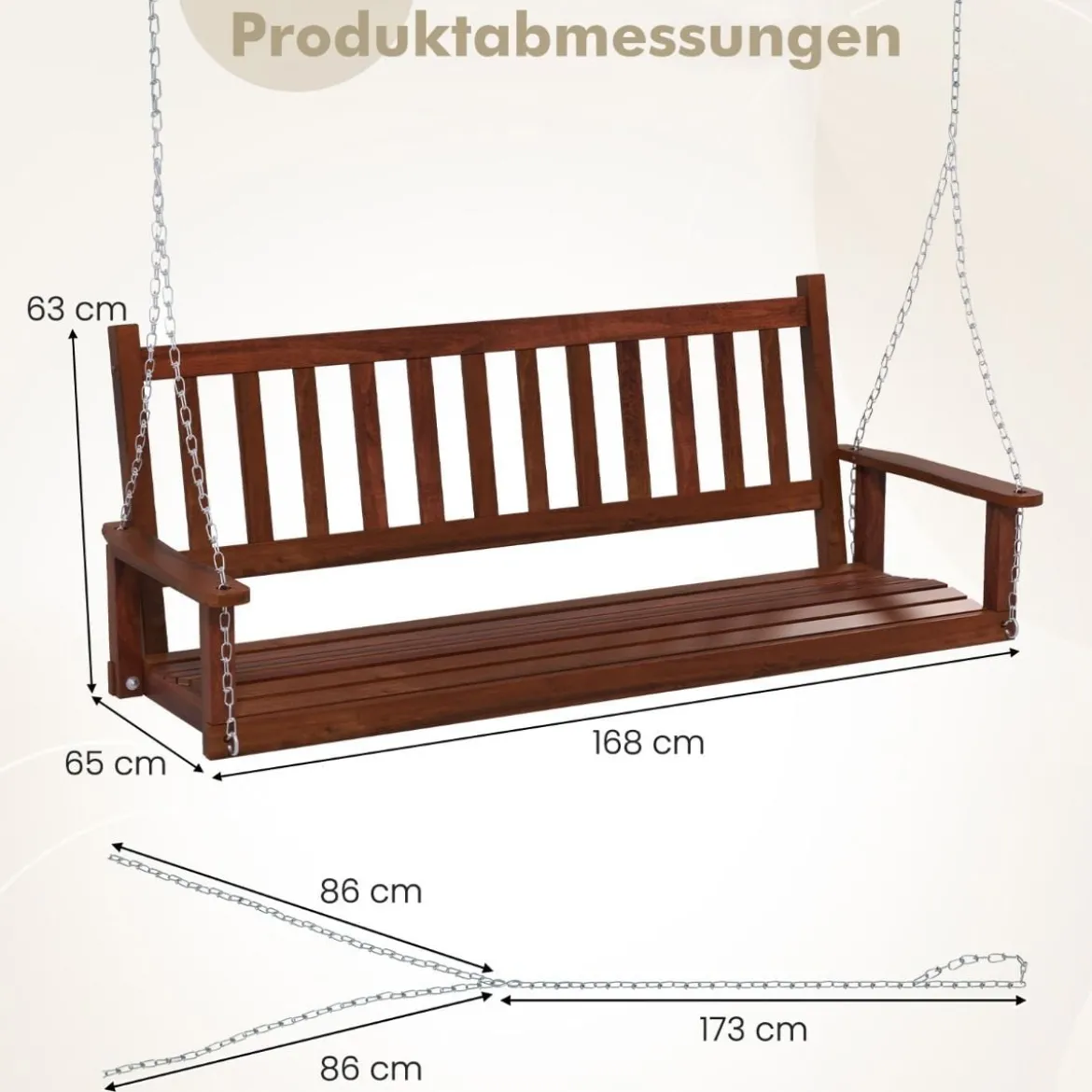 3-Sitzer Hängebank aus Massivholz Hollywoodschaukel bis 360 kg Belastbar Braun