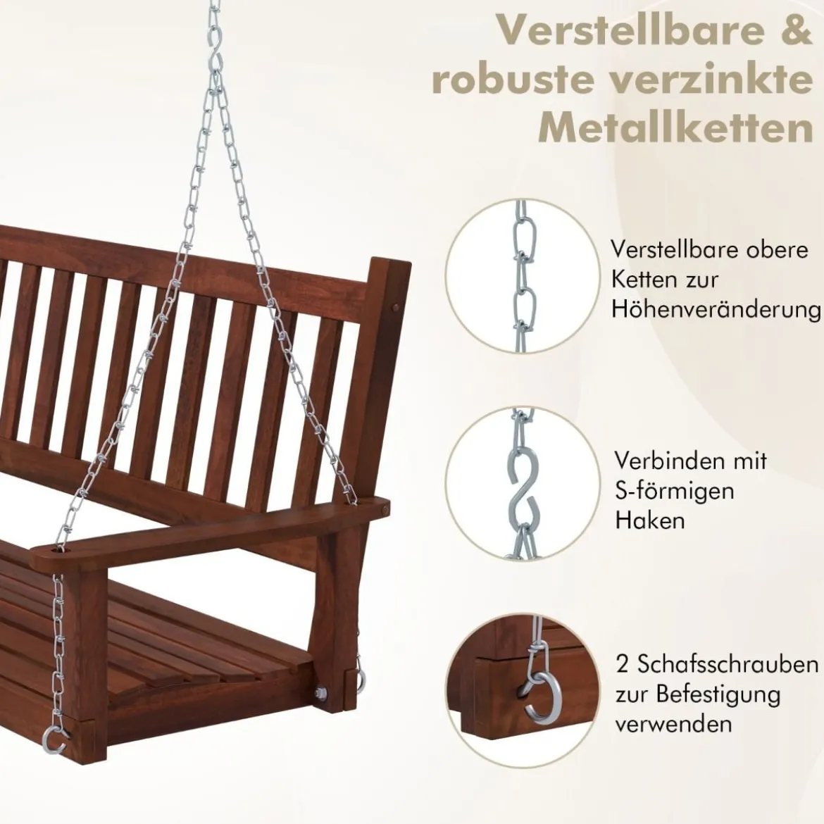 3-Sitzer Hängebank aus Massivholz Hollywoodschaukel bis 360 kg Belastbar Braun