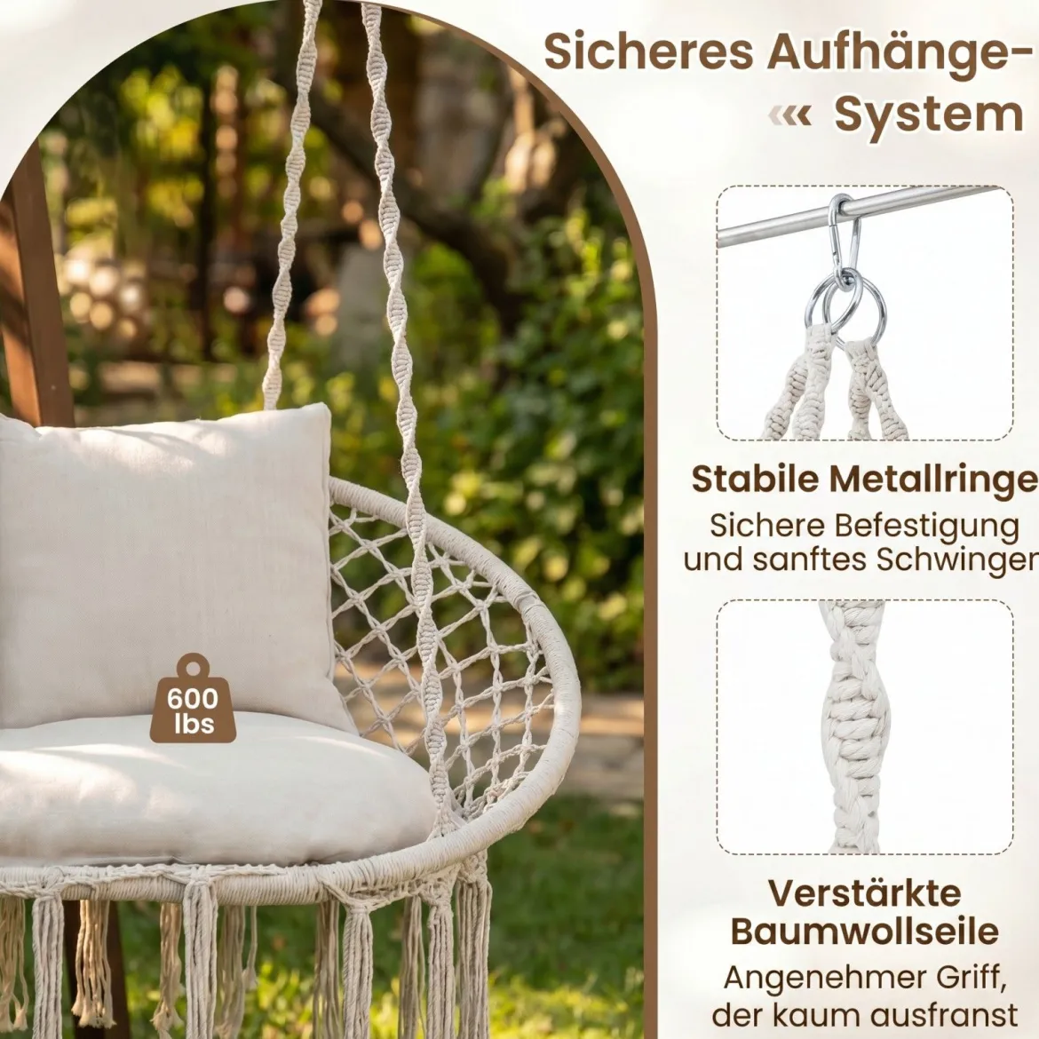 2-Sitzer Hängesessel Boho Hängeschaukel für 2 Personen mit Kissen und Fransen Indoor & Outdoor Beige