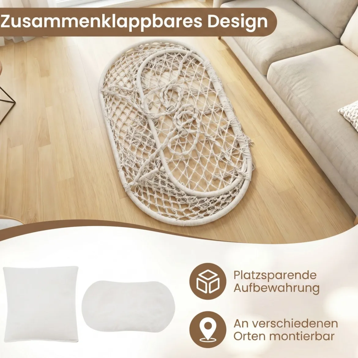2-Sitzer Hängesessel Boho Hängeschaukel für 2 Personen mit Kissen und Fransen Indoor & Outdoor Beige