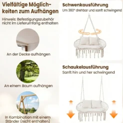 2-Sitzer Hängesessel Boho Hängeschaukel für 2 Personen mit Kissen und Fransen Indoor & Outdoor Beige