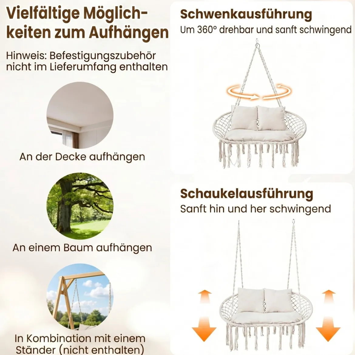 2-Sitzer Hängesessel Boho Hängeschaukel für 2 Personen mit Kissen und Fransen Indoor & Outdoor Beige