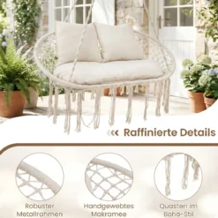2-Sitzer Hängesessel Boho Hängeschaukel für 2 Personen mit Kissen und Fransen Indoor & Outdoor Beige