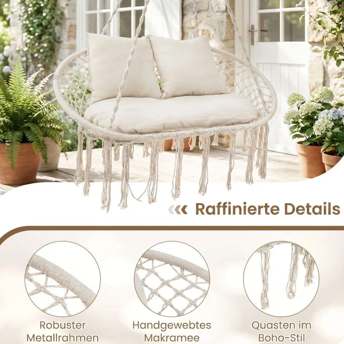 2-Sitzer Hängesessel Boho Hängeschaukel für 2 Personen mit Kissen und Fransen Indoor & Outdoor Beige