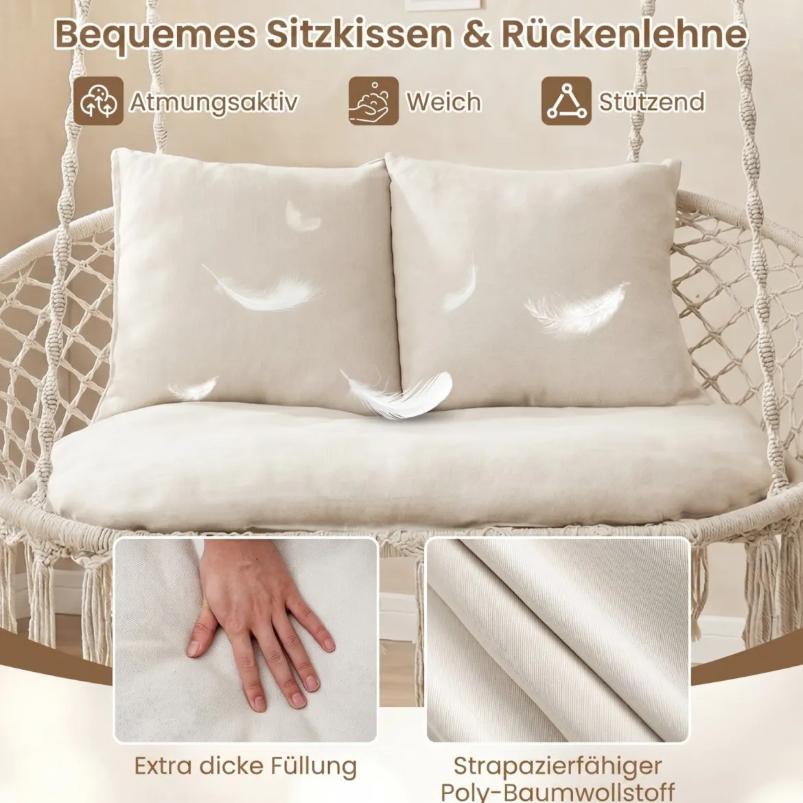 2-Sitzer Hängesessel Boho Hängeschaukel für 2 Personen mit Kissen und Fransen Indoor & Outdoor Beige