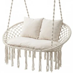 2-Sitzer Hängesessel Boho Hängeschaukel für 2 Personen mit Kissen und Fransen Indoor & Outdoor Beige