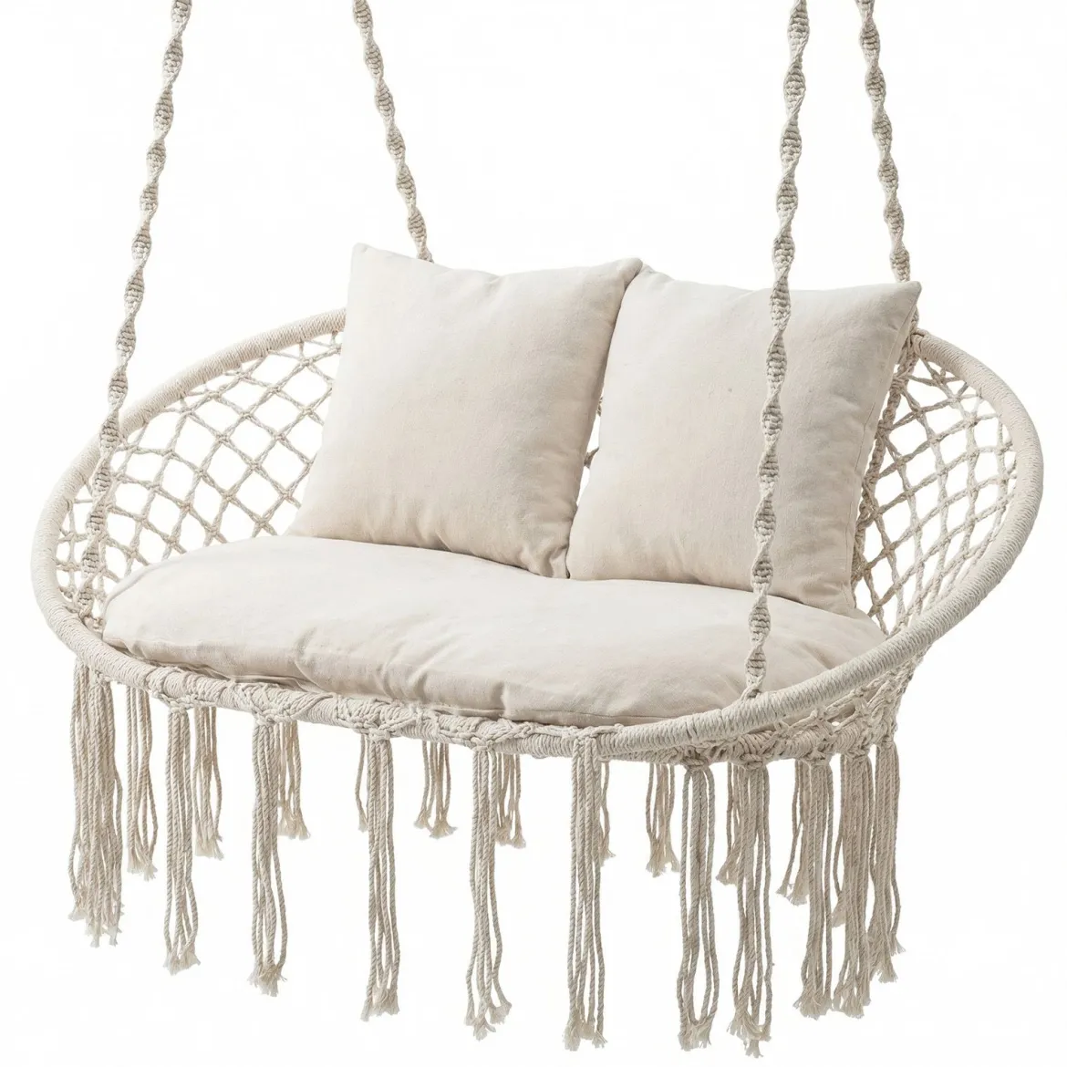 2-Sitzer Hängesessel Boho Hängeschaukel für 2 Personen mit Kissen und Fransen Indoor & Outdoor Beige