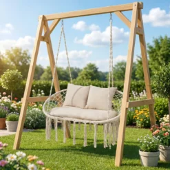 2-Sitzer Hängesessel Boho Hängeschaukel für 2 Personen mit Kissen und Fransen Indoor & Outdoor Beige