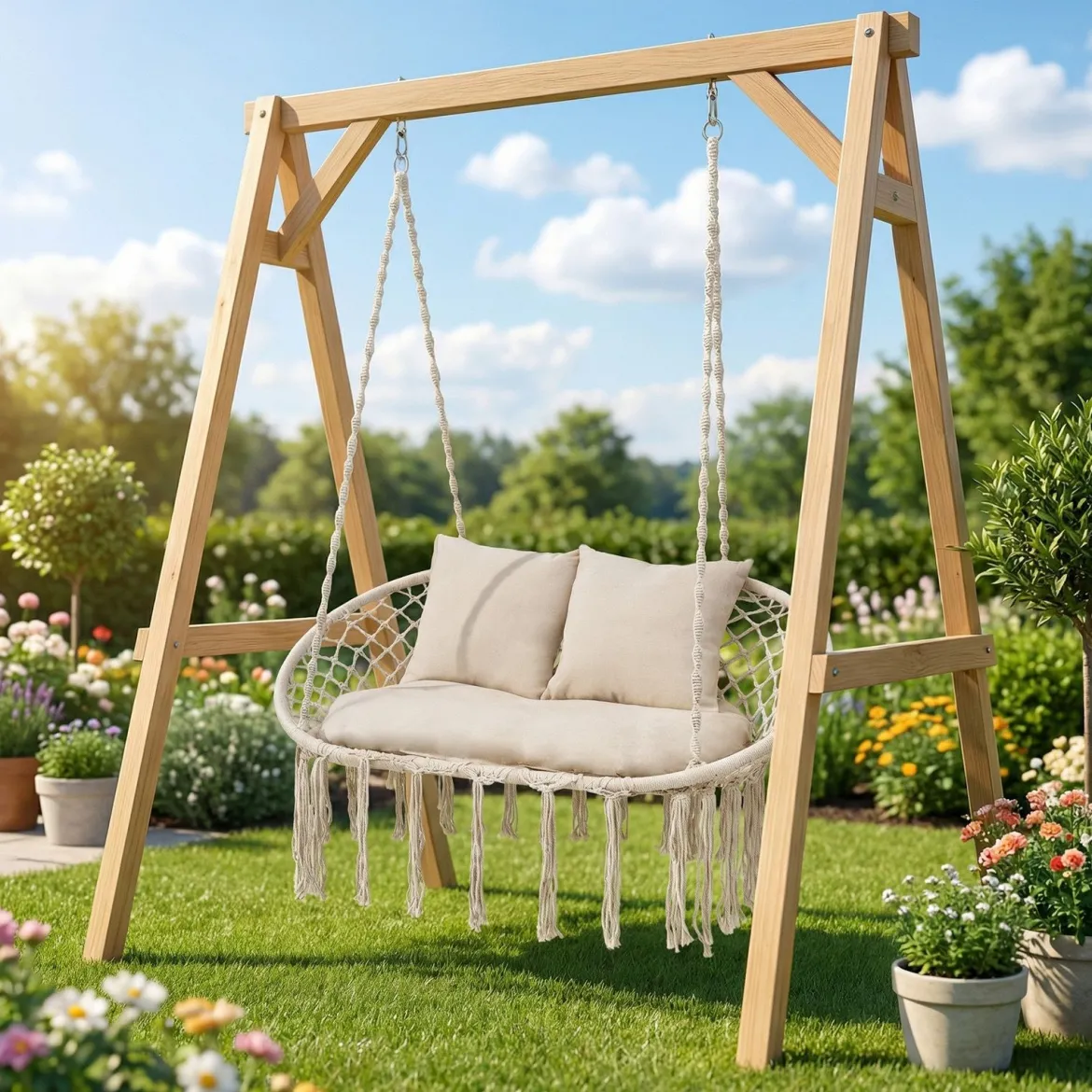 2-Sitzer Hängesessel Boho Hängeschaukel für 2 Personen mit Kissen und Fransen Indoor & Outdoor Beige