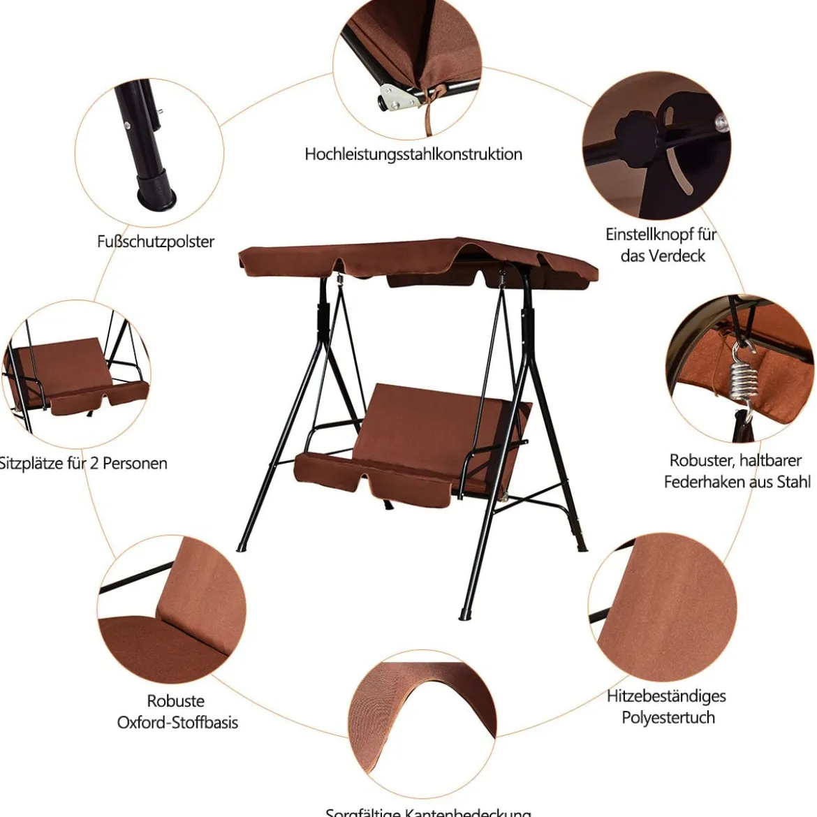 2-Sitzer Hollywoodschaukel Gartenschaukel mit Sonnendach 141 x 118 x 154 cm Braun