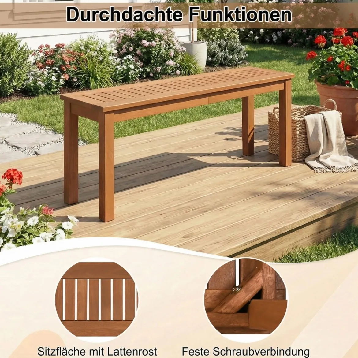 2-Sitzer Holzbank ohne Rückenlehne Gartenbank Holz Wetterfest Blumenbank 120 x 30,5 x 47 cm