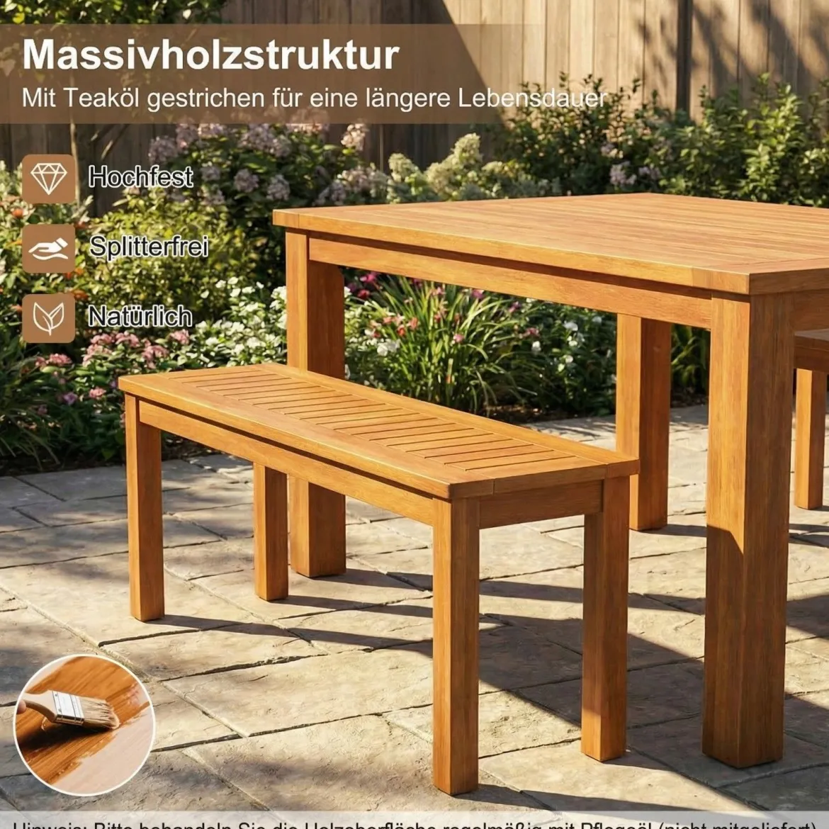 2-Sitzer Holzbank ohne Rückenlehne Gartenbank Holz Wetterfest Blumenbank 120 x 30,5 x 47 cm