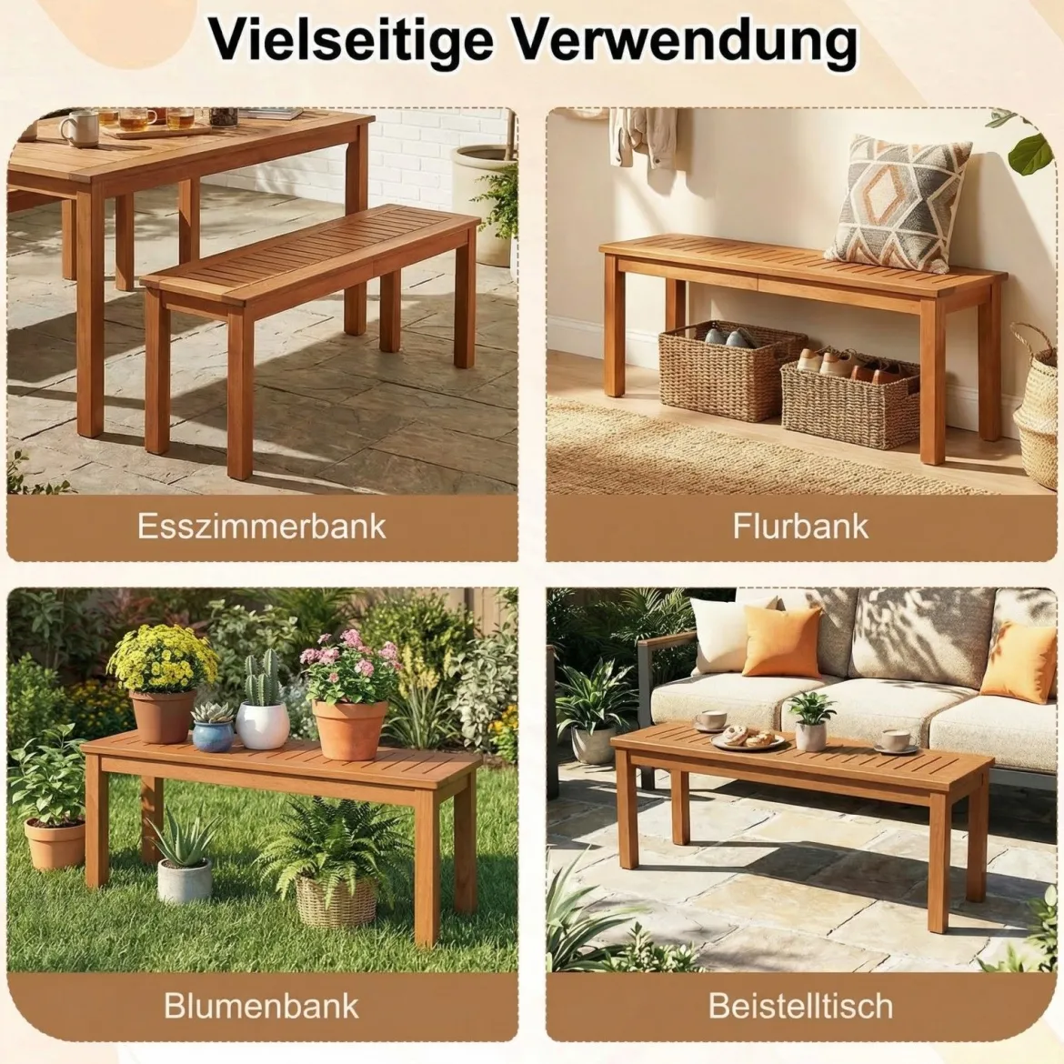 2-Sitzer Holzbank ohne Rückenlehne Gartenbank Holz Wetterfest Blumenbank 120 x 30,5 x 47 cm