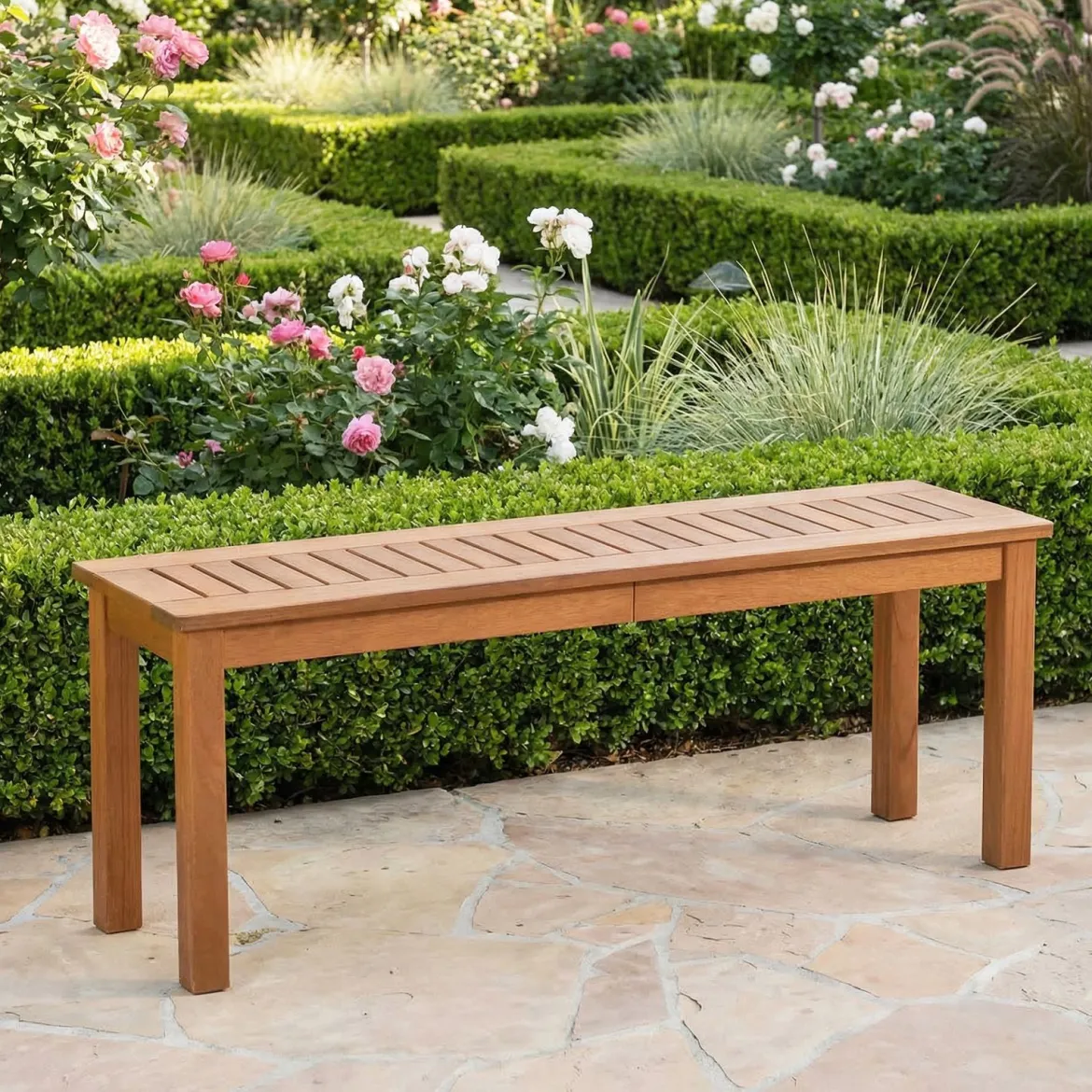 2-Sitzer Holzbank ohne Rückenlehne Gartenbank Holz Wetterfest Blumenbank 120 x 30,5 x 47 cm
