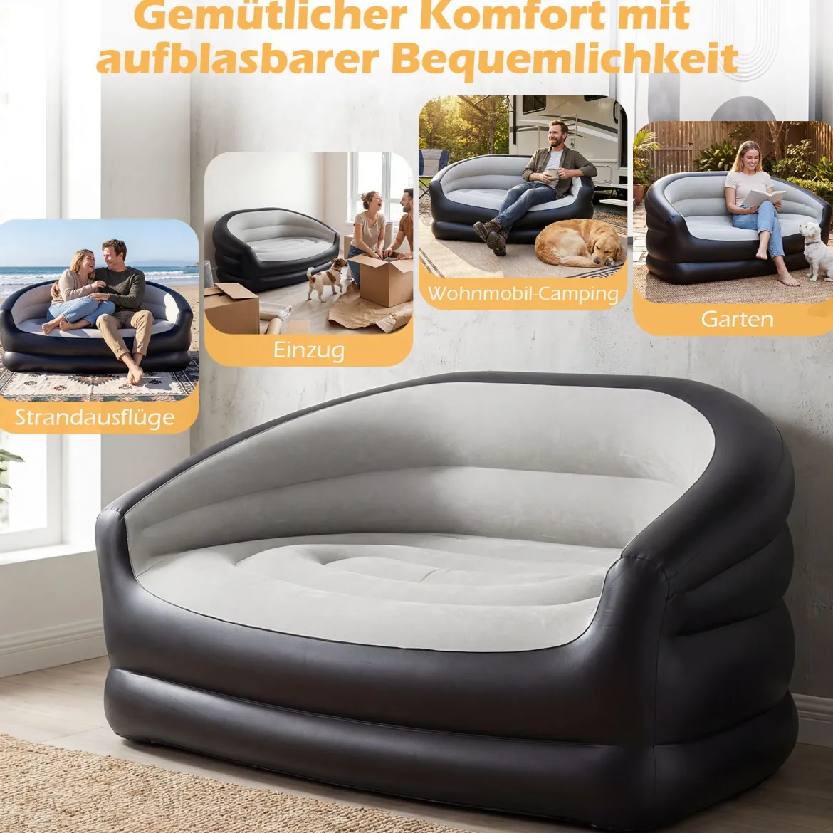 2-Sitzer Luftsofa mit Beflockter Oberfläche & Armlehnen Aufblasbares Sofa Aufblasbare Couch
